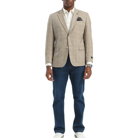 Tan Windowpane Notch Lapel Slim Fit Tazzio Men's Jacket - Picture 1 of 3